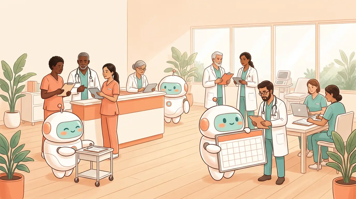 Doctors, clinicians, and helper robots in a medical office