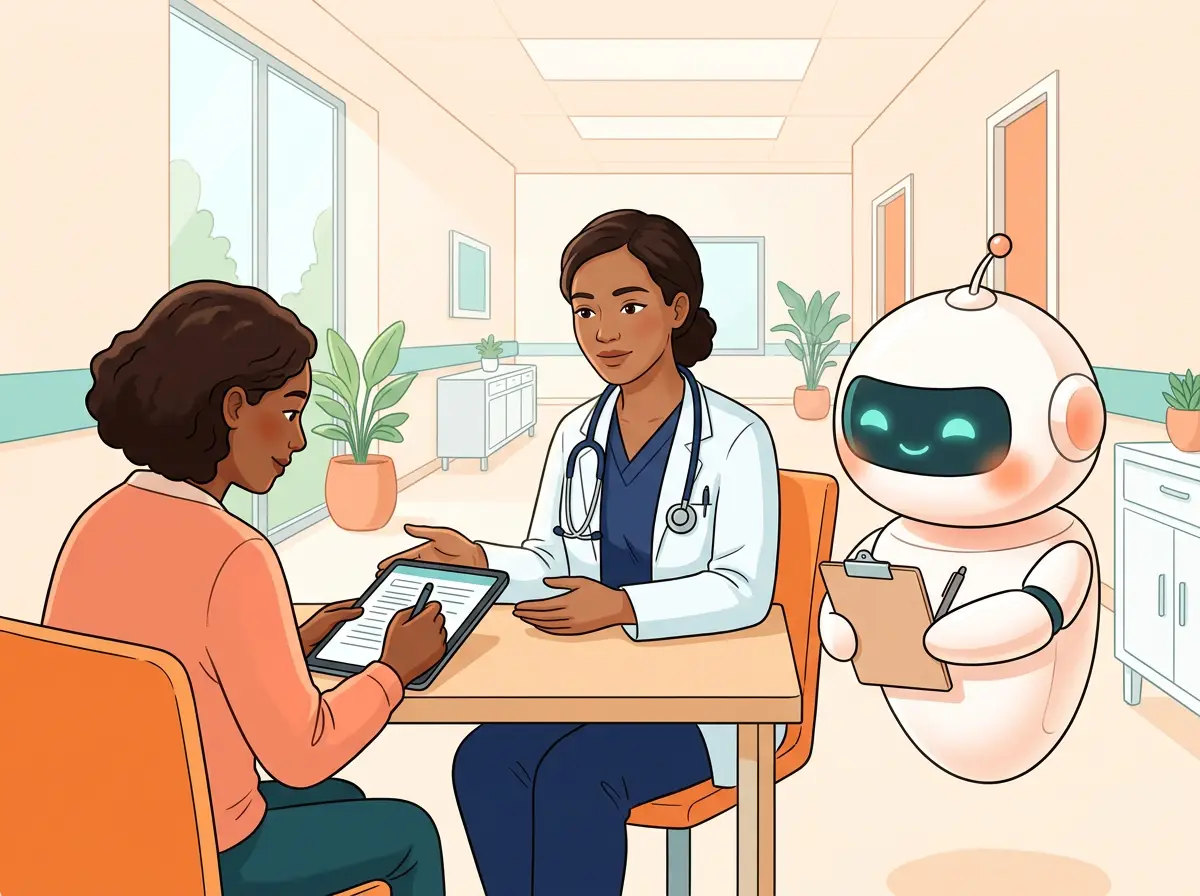 Patient intake on a tablet with clinician and robot