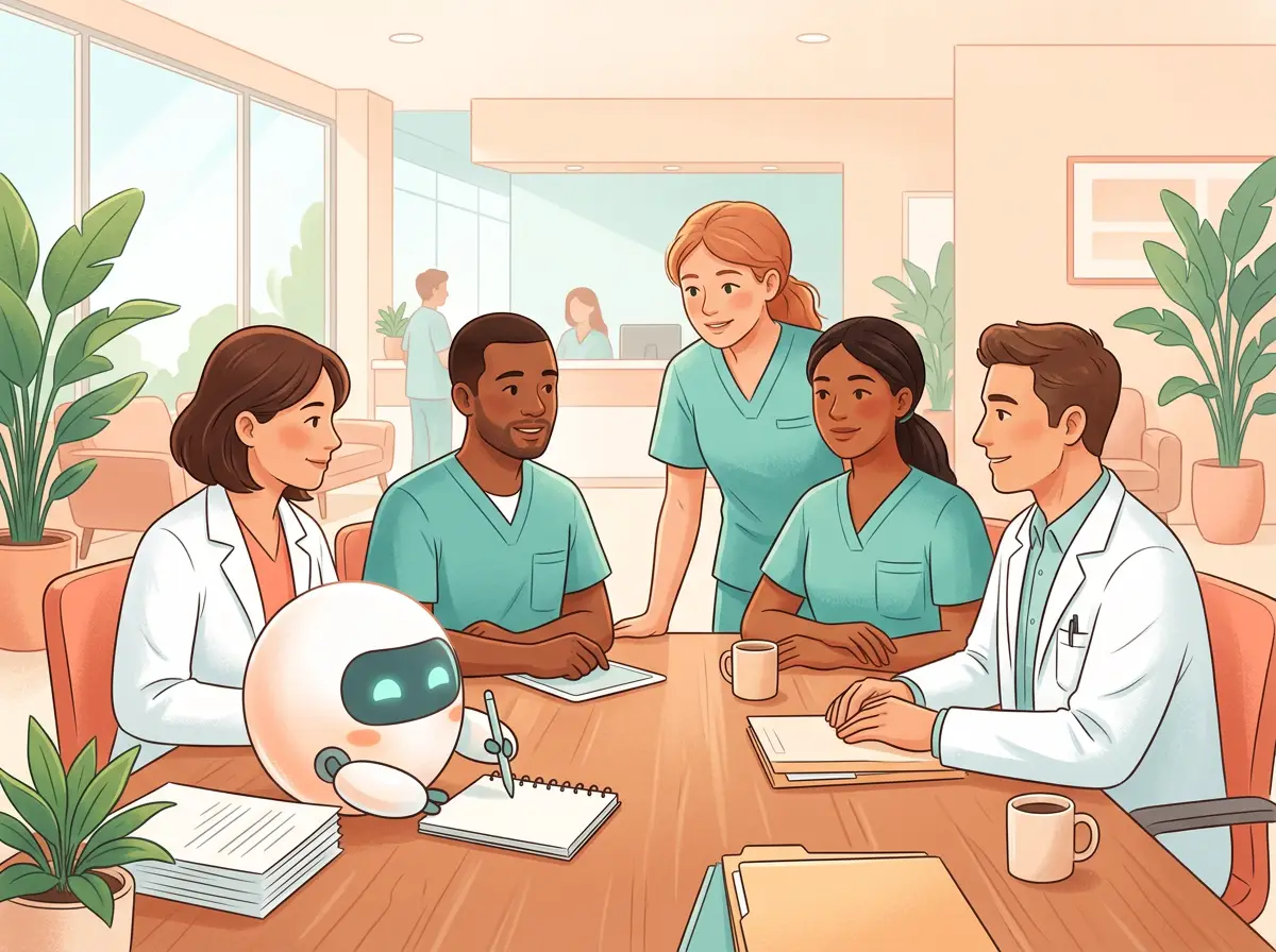Medical team huddle with a helper robot