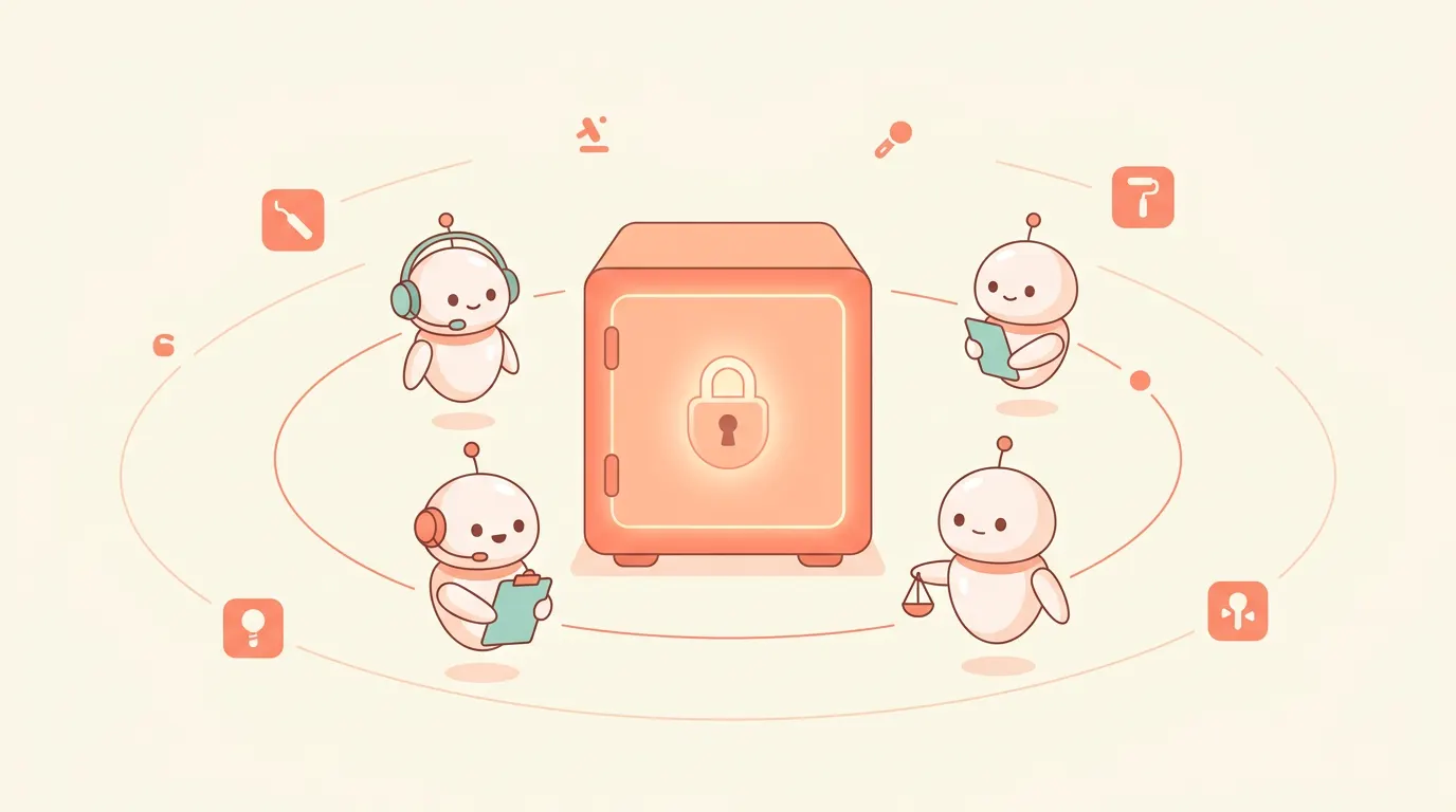 AI-native HeyDental robots orbiting a glowing peach vault — orchestrating specialists without opening the vault.