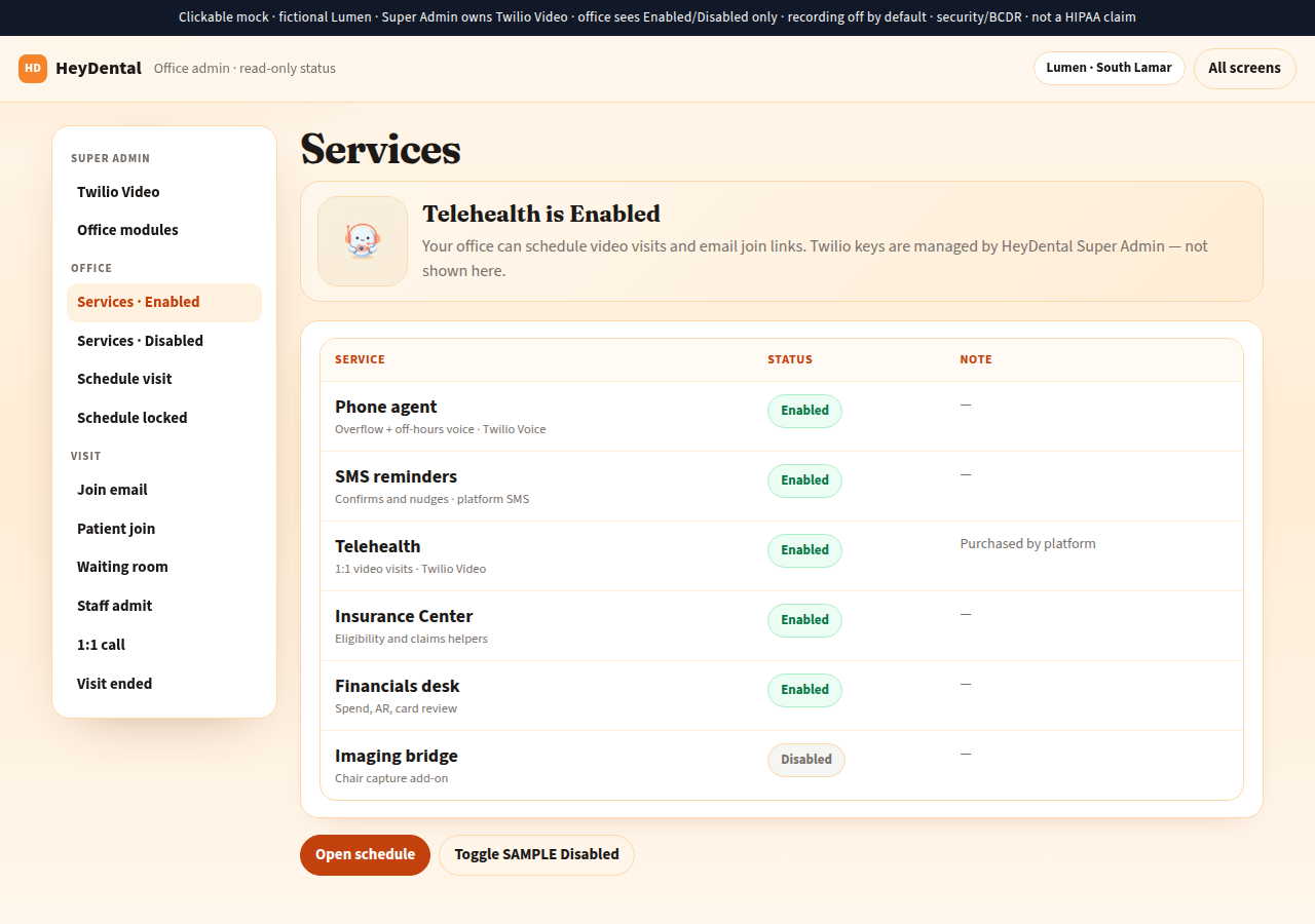 SAMPLE office Services screen showing Telehealth Enabled without API keys