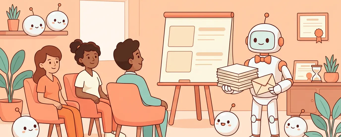 Legal helper robot leading staff through compliance training slides