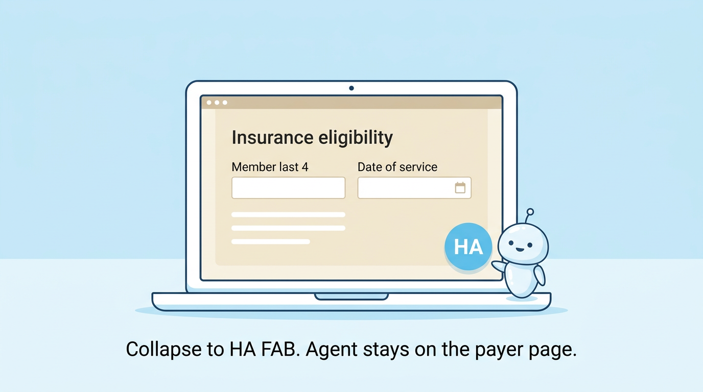 Same payer page with the overlay collapsed to a round HA button