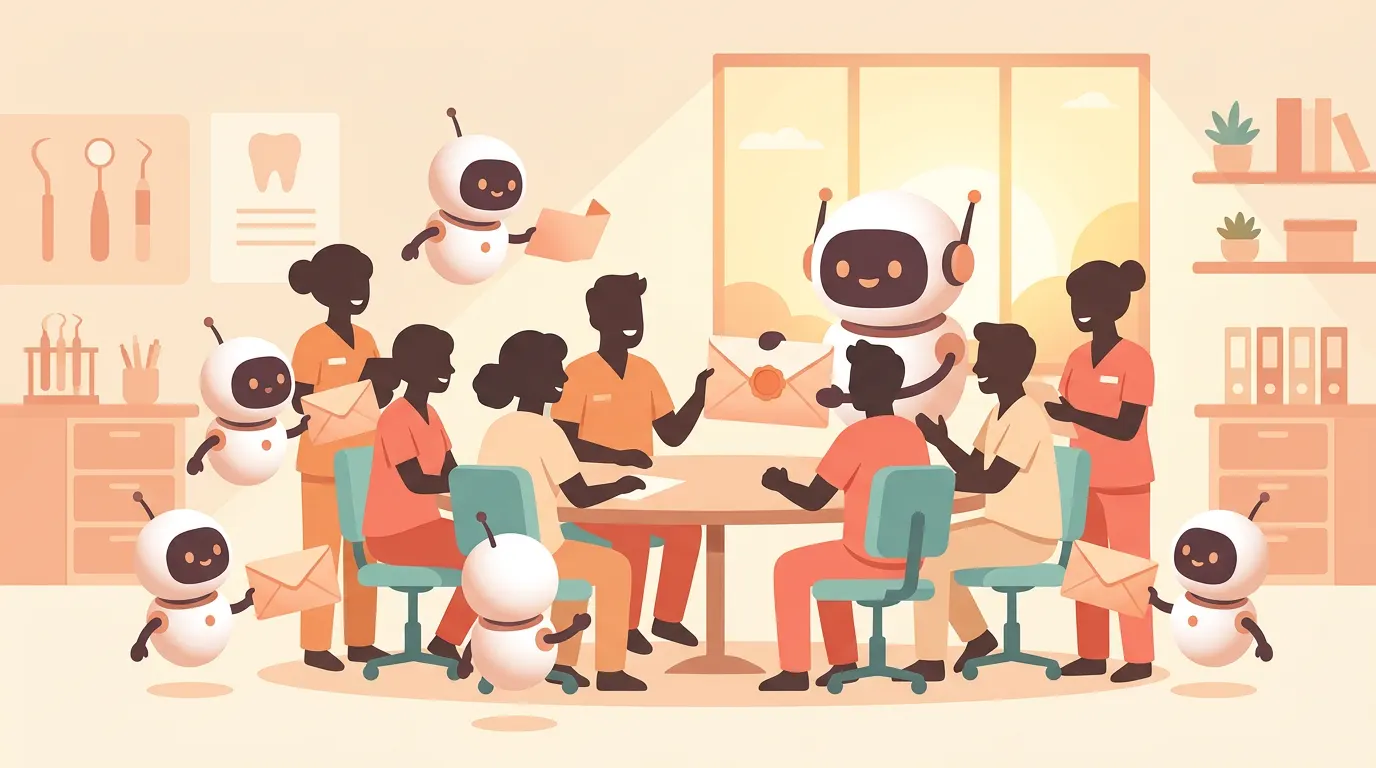 Helper robots handing peach briefing cards at a morning huddle