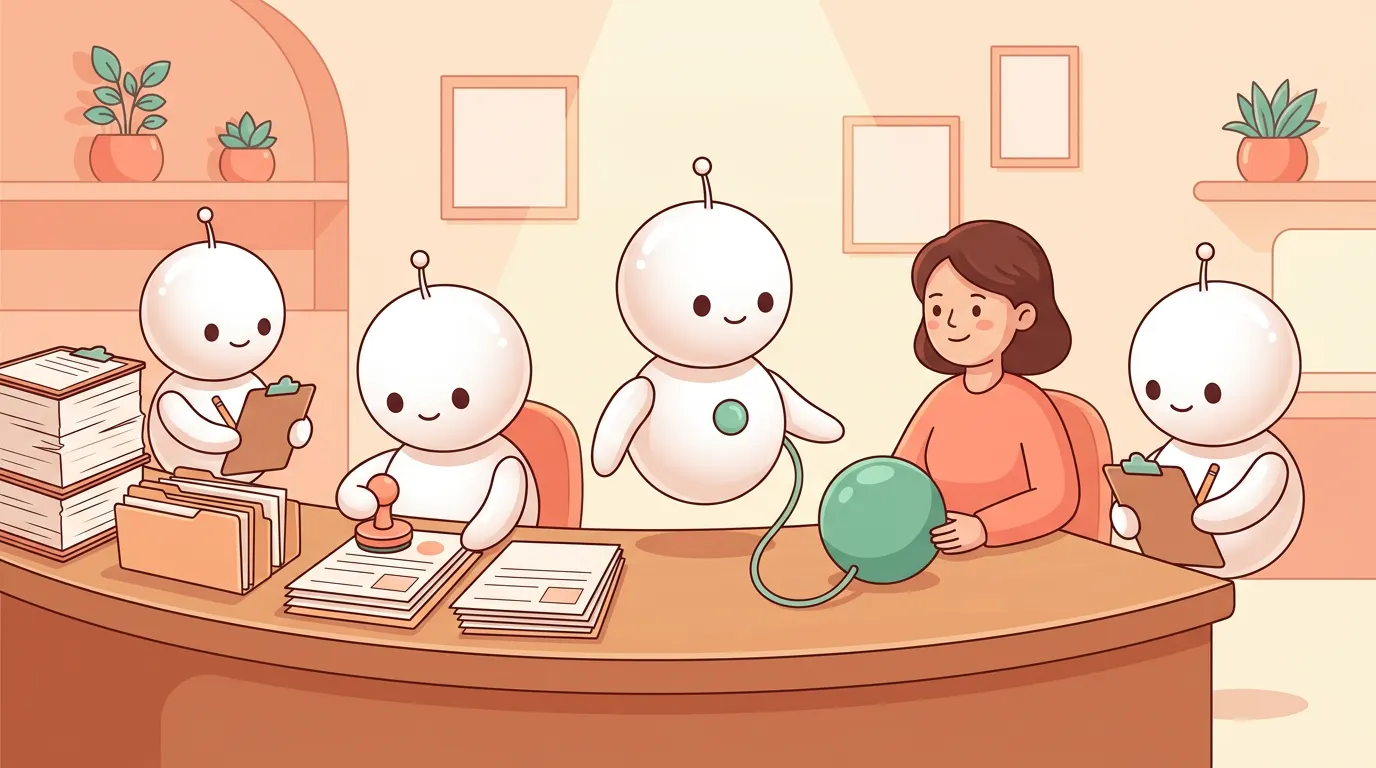 Insurance Center helper robots with claim forms