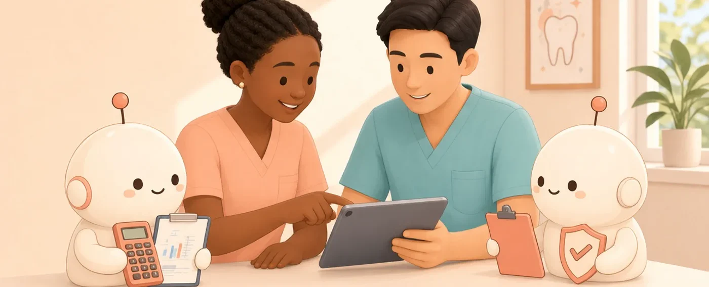 Staff and robots reviewing insurance